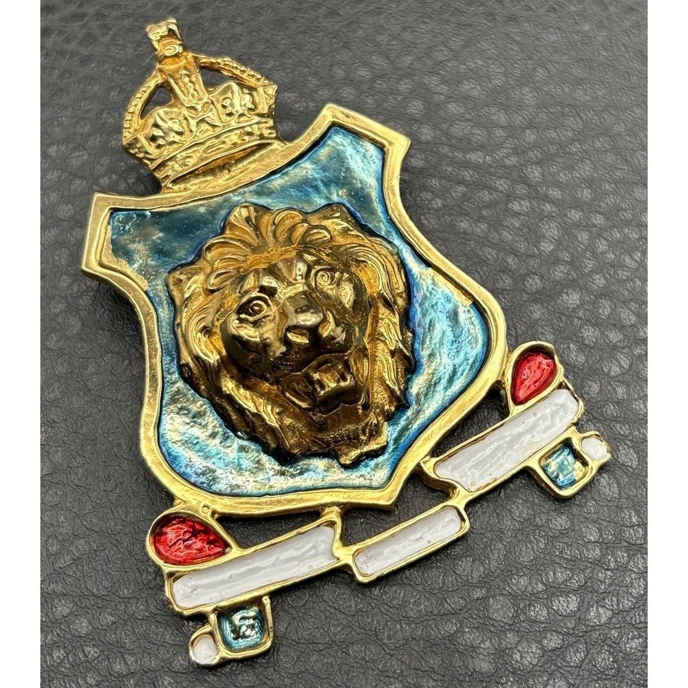 HUGE Accessocraft NYC 80s Vintage Leo Lion Shield Crown Brooch Gold Tone Enamel